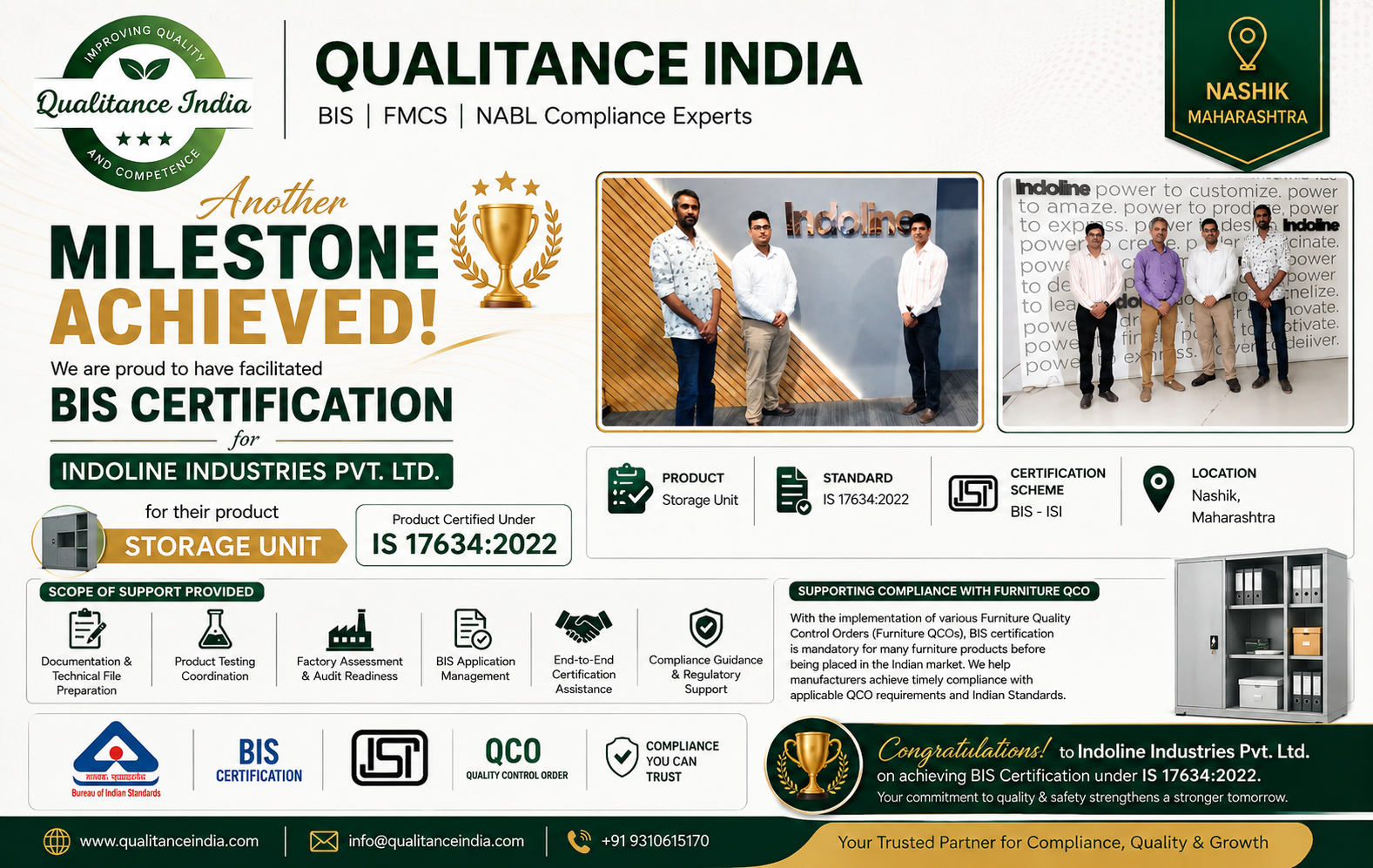 BIS Certification for Storage Units (IS 17634:2022) Successfully Facilitated for Indoline Industries Pvt. Ltd.