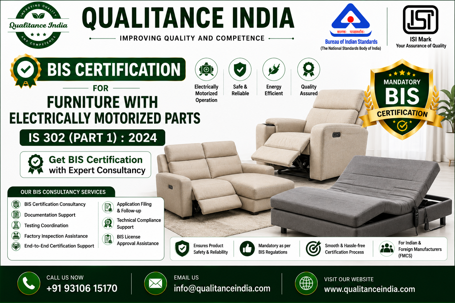 BIS Certification Consultancy for Furniture with Electrically Motorized Parts – IS 302 (Part 1):2024 | Mandatory from 01 October 2026