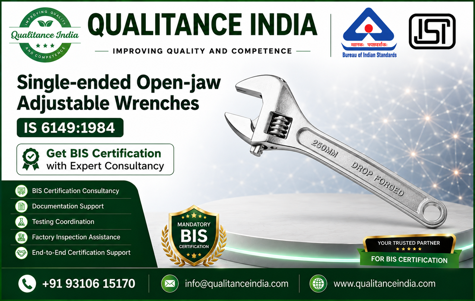 BIS Certification for Single-ended Open-jaw Adjustable Wrenches (IS 6149:1984) | Complete Guide for Manufacturers