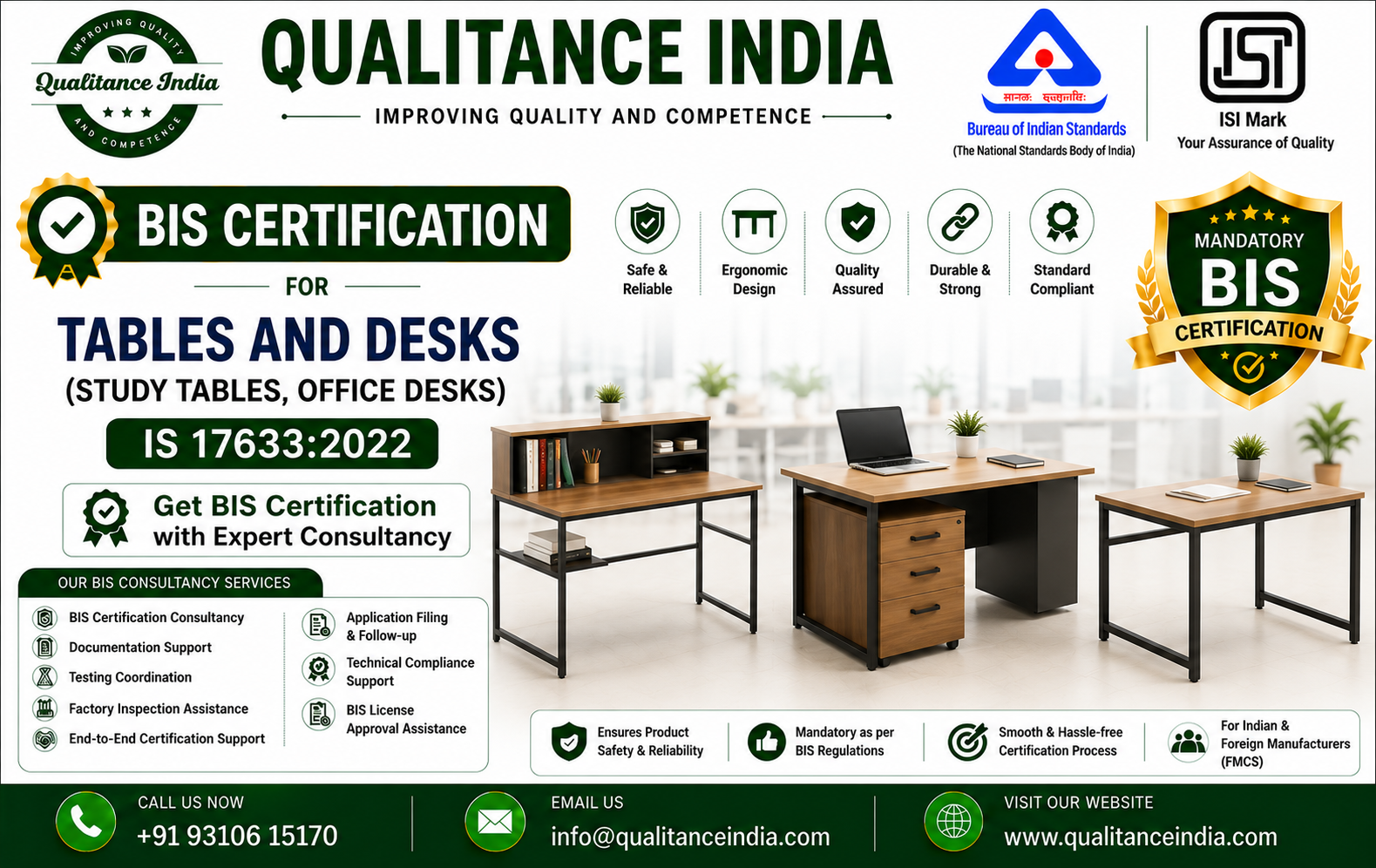 BIS Certification for Tables & Desks (Study Tables & Office Desks) as per IS 17633:2022 – Complete Guide for Manufacturers & Importers
