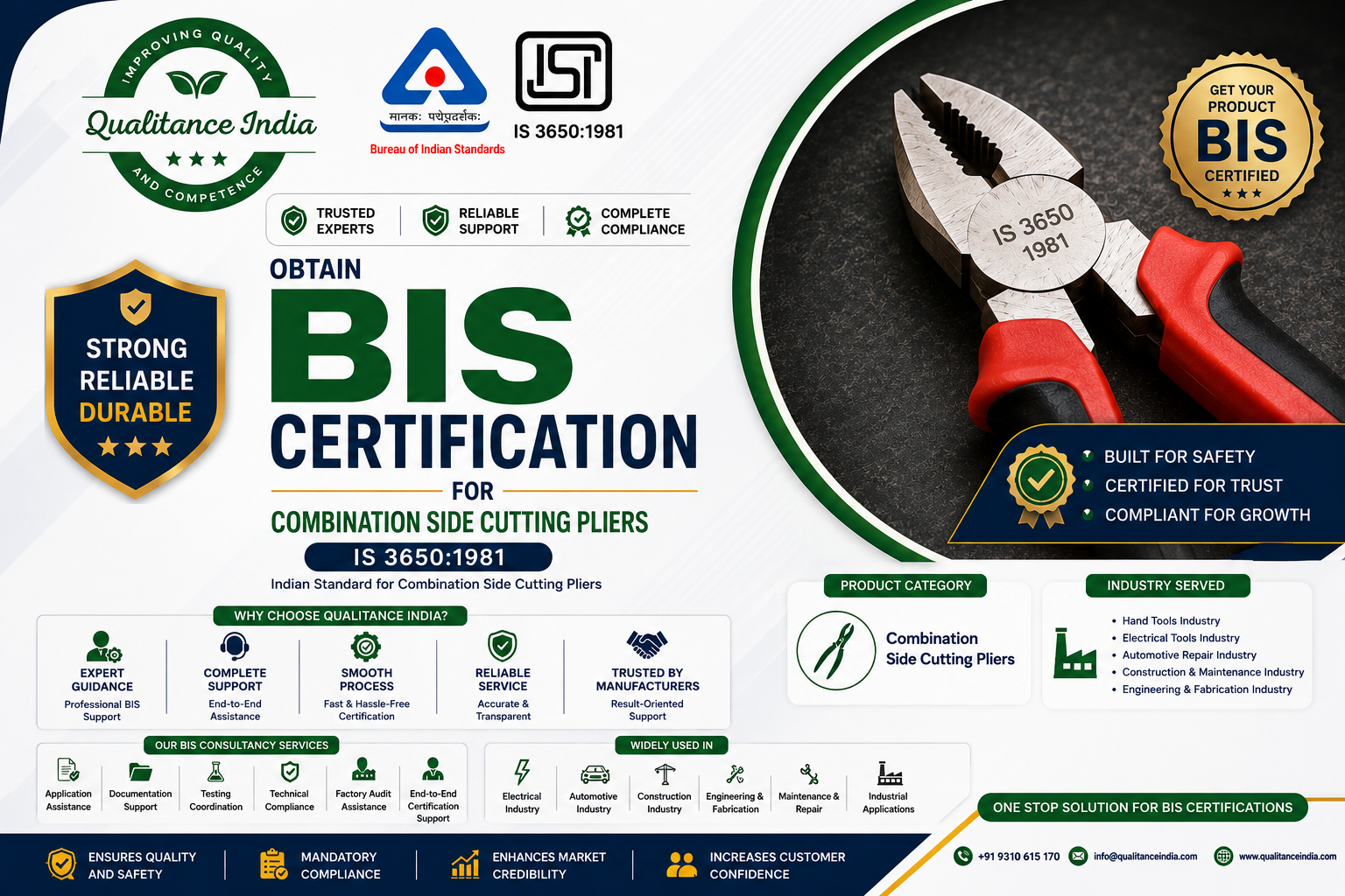 BIS Certification for Combination Side Cutting Pliers IS 3650:1981 | Qualitance India