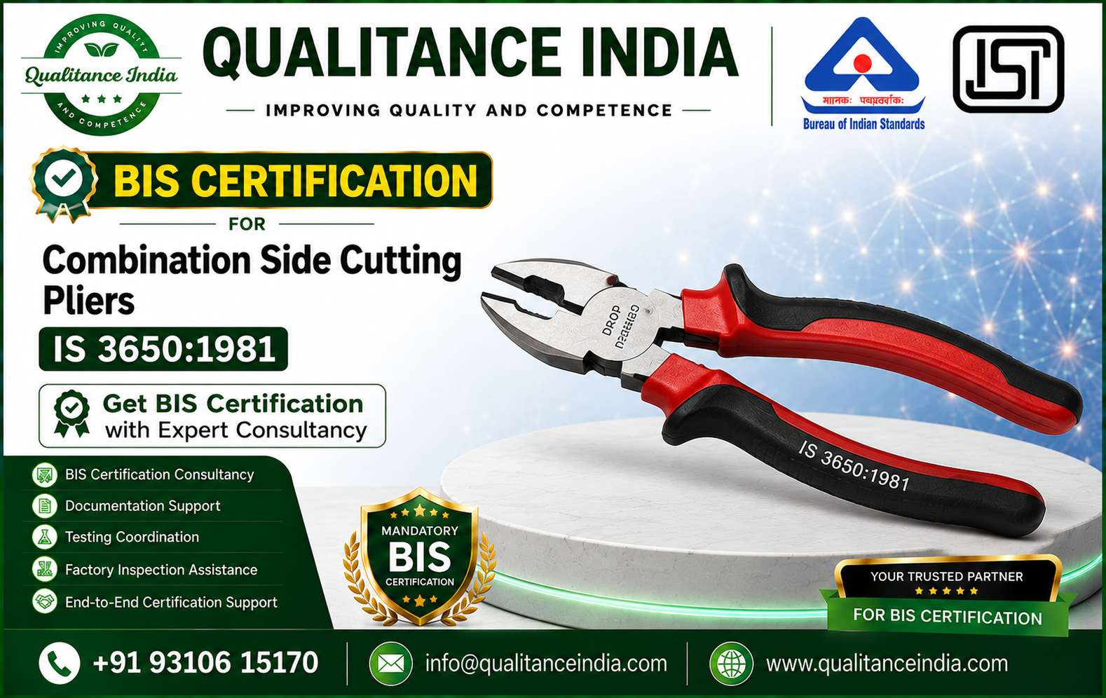 Combination Side Cutting Pliers BIS Certification | IS 3650:1981 | Complete ISI Mark Consultancy Guide | Enforcement Date 01 October 2026