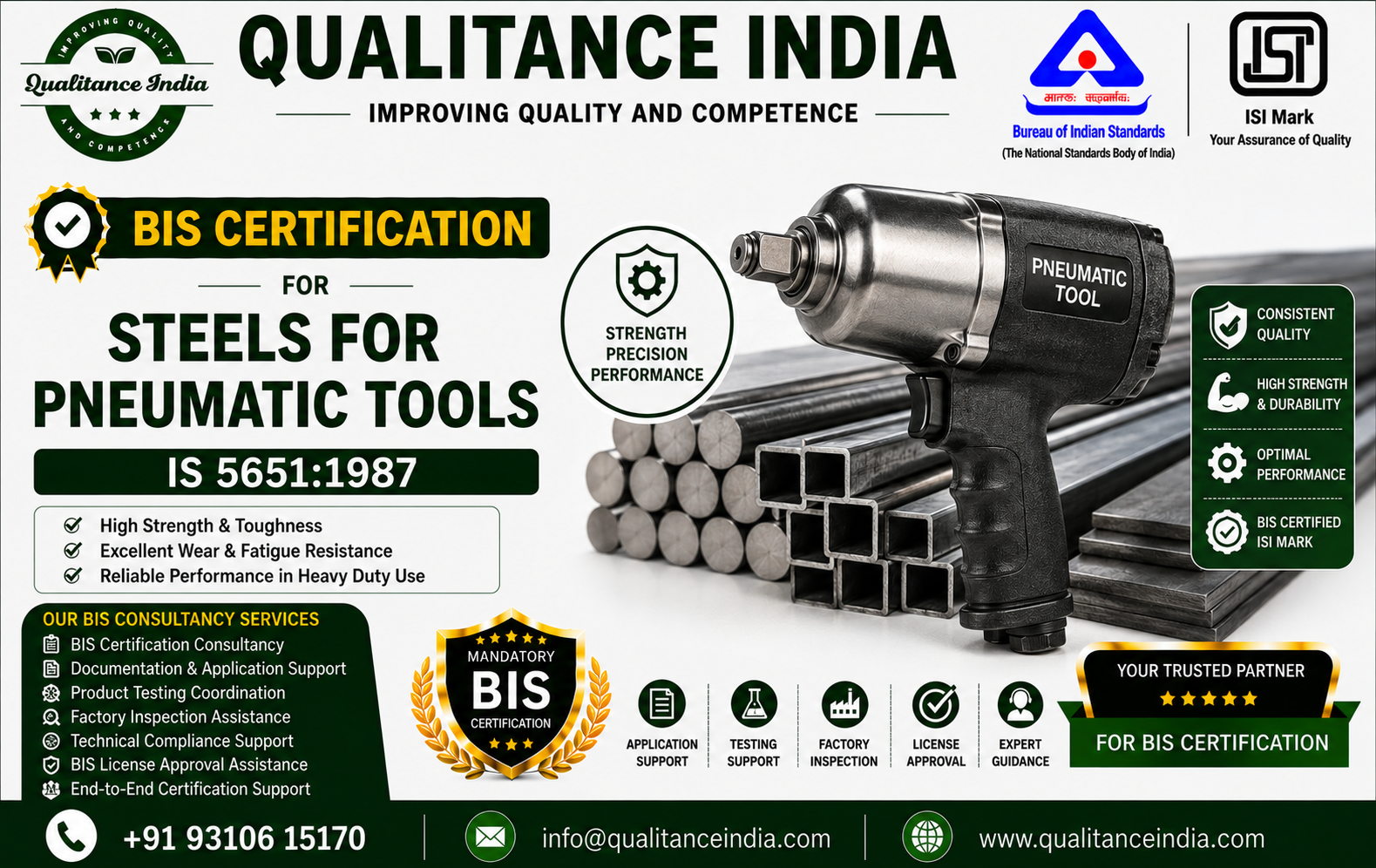 BIS Certification Consultancy for Steels for Pneumatic Tools | IS 5651:1987 | BIS & ISI Mark Certification