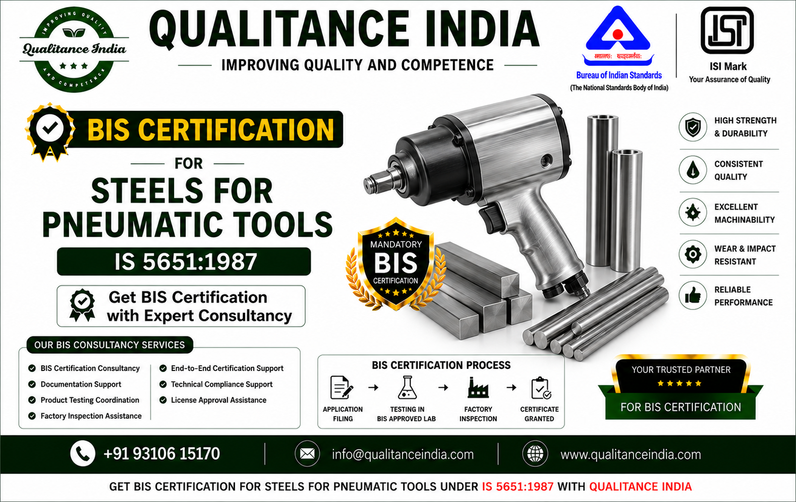 BIS Certification for Steels for Pneumatic Tools | IS 5651:1987 | BIS & ISI Mark Certification