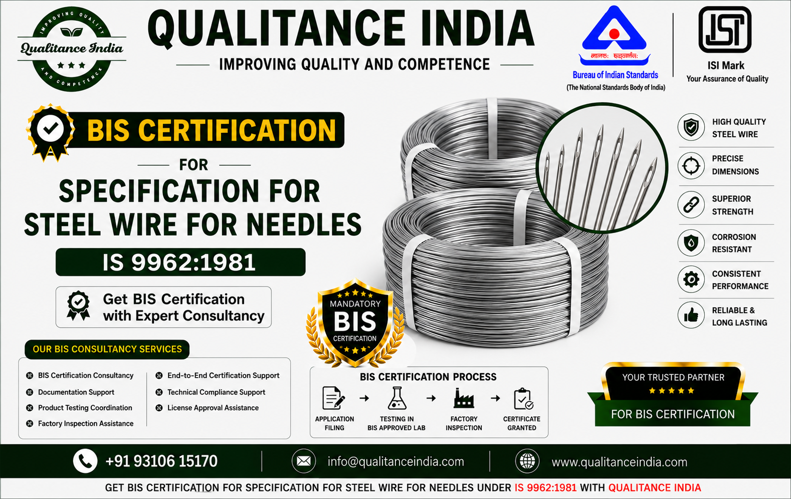 BIS Certification Consultancy for Steel Wire for Needles | IS 9962:1981 | BIS & ISI Mark Certification