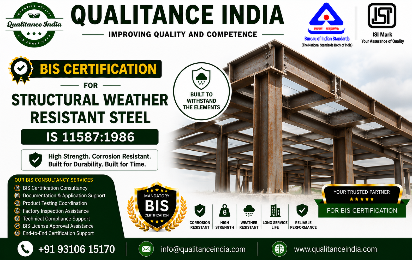 BIS Certification Consultancy for Structural Weather Resistant Steel | IS 11587:1986 | BIS & ISI Mark Certification