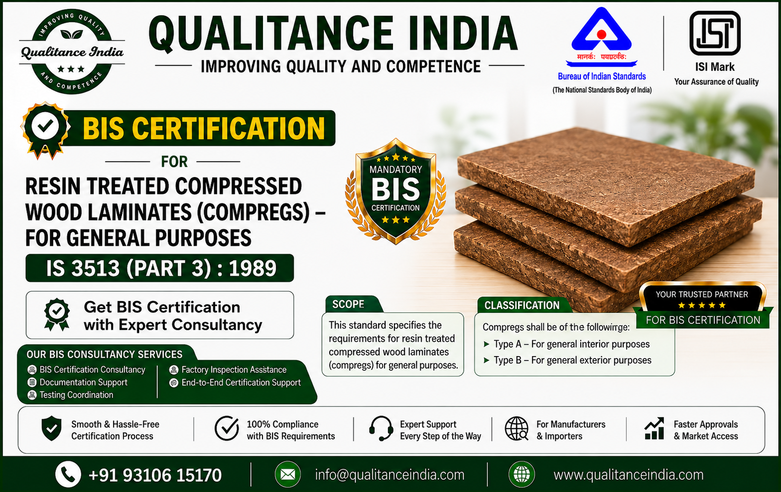 BIS Certification for Resin Treated Compressed Wood Laminates (Compregs) for General Purposes – IS 3513 (Part 3):1989