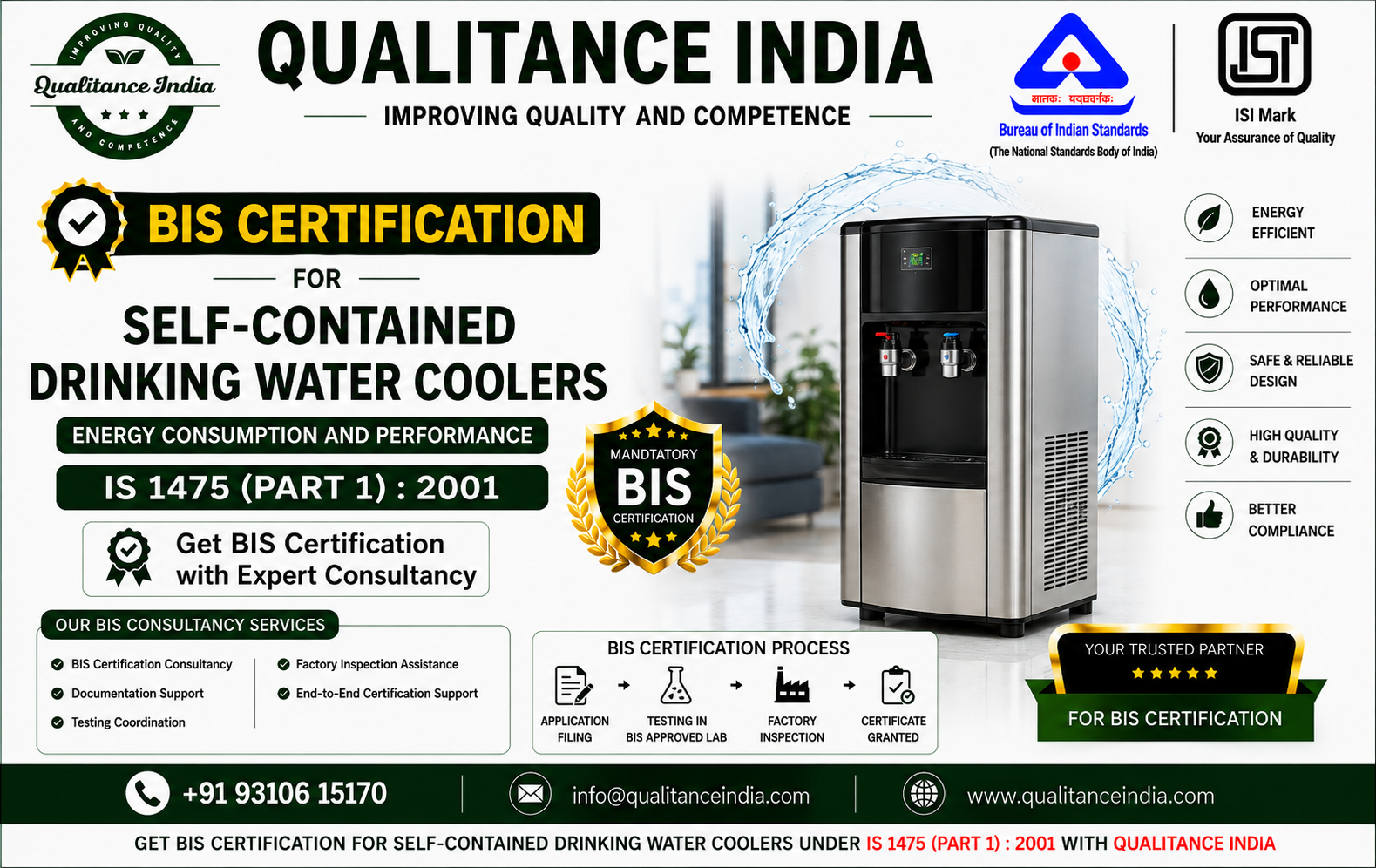BIS Certification Consultancy for Self-Contained Drinking Water Coolers | IS 1475 (Part 1):2001 | BIS & ISI Mark Certification