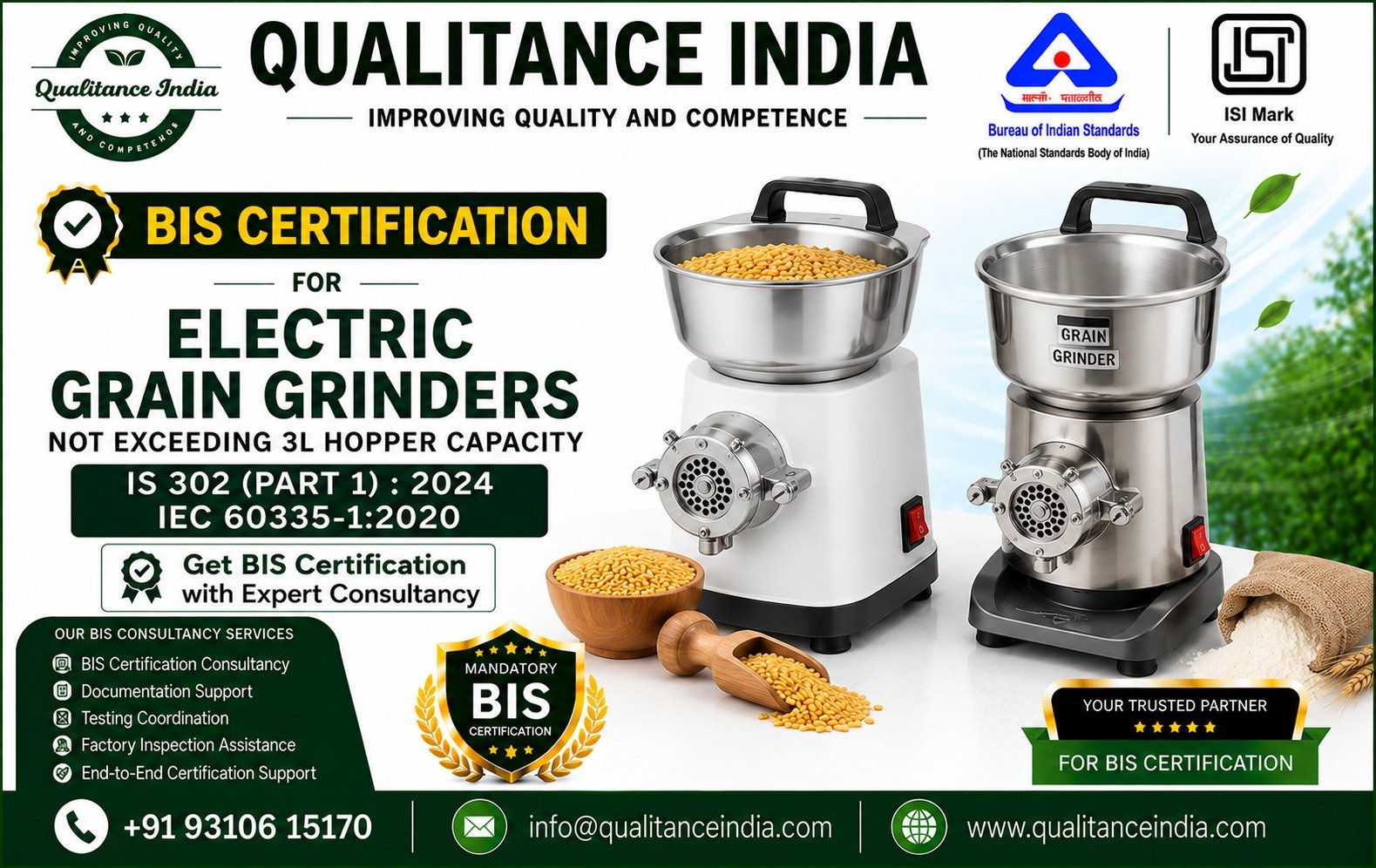 BIS Certification for Electric Grain Grinders (Up to 3L Hopper Capacity) in India: Complete Guide (IS 302 Part 1:2024)