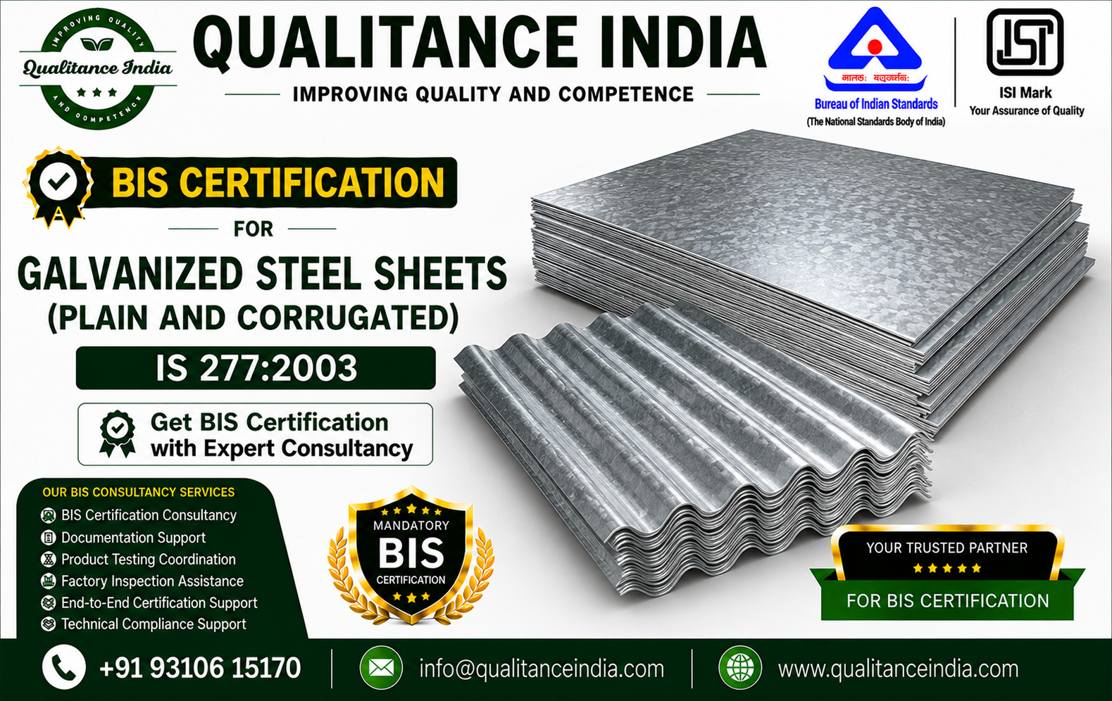 BIS Certification Consultancy for Galvanized Steel Sheets (Plain & Corrugated) | IS 277:2003 | BIS & ISI Mark Certification