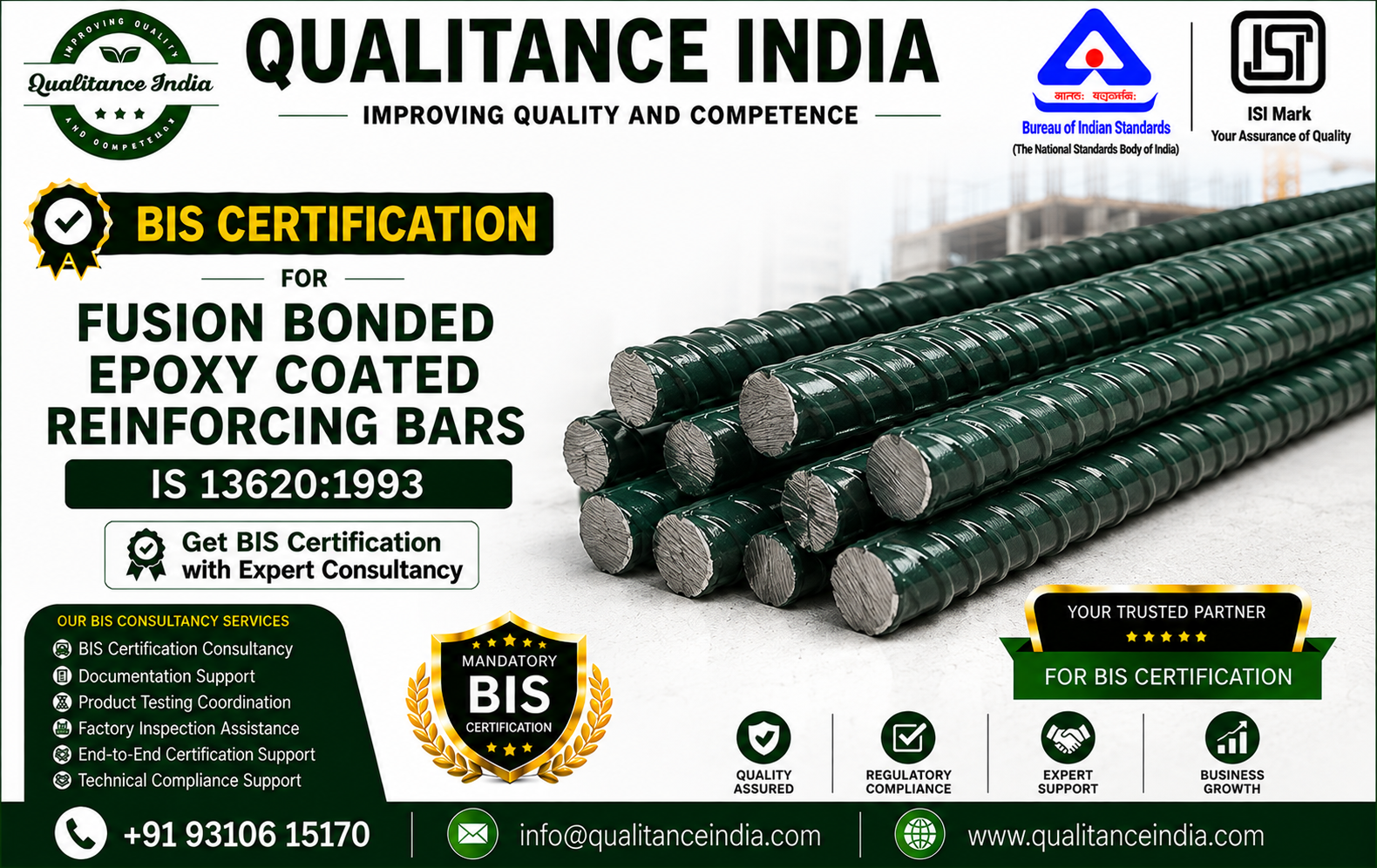 BIS Certification Consultancy for Fusion Bonded Epoxy Coated Reinforcing Bars | IS 13620:1993 | BIS & ISI Mark Certification
