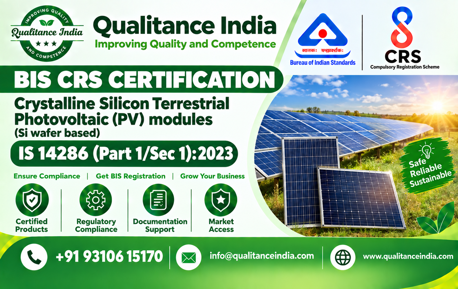 BIS CRS Certification for Crystalline Silicon Terrestrial Photovoltaic (PV) Modules (Si Wafer Based) | IS 14286 (Part 1/Sec 1):2023 | BIS Consultancy