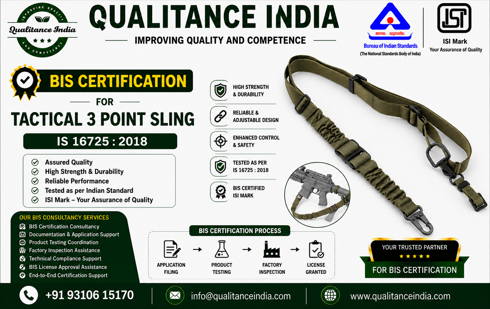 BIS Certification Consultancy for Tactical 3 Point Sling | IS 16725:2018 | BIS & ISI Mark Certification