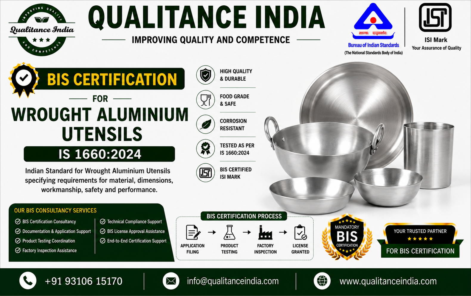BIS Certification Consultancy for Wrought Aluminium Utensils | IS 1660:2024 | BIS & ISI Mark Certification