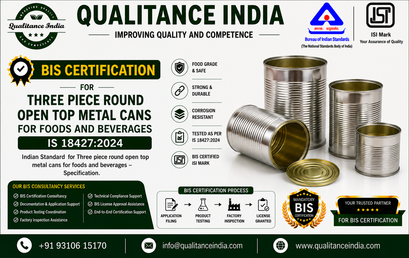 BIS Certification Consultancy for Three Piece Round Open Top Metal Cans for Foods & Beverages | IS 18427:2024 | BIS & ISI Mark Certification