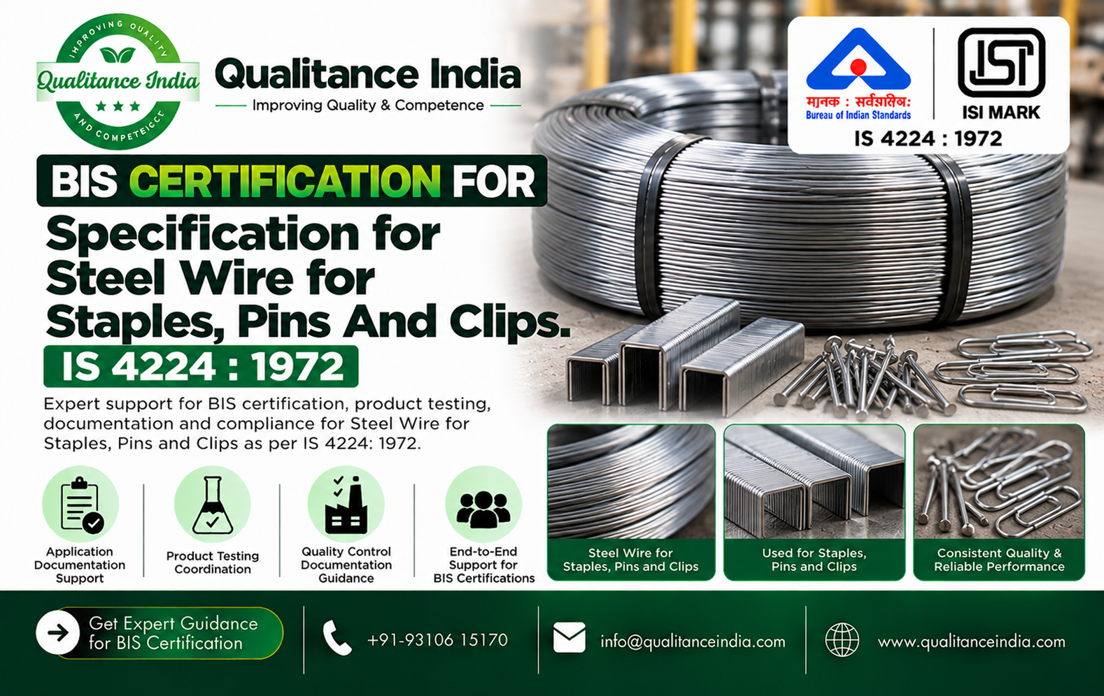 BIS Certification for Steel Wire for Staples, Pins and Clips | IS 4224:1972 Qualitance India