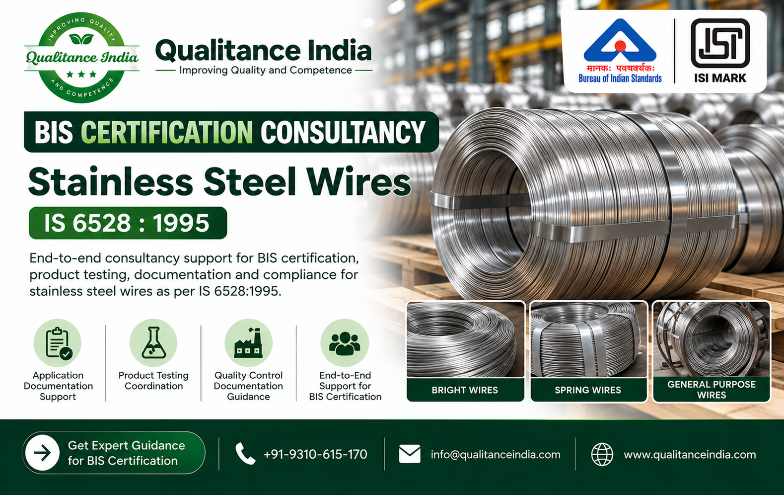 BIS Certification Consultancy for Stainless Steel Wires | IS 6528:1995 | Qualitance India