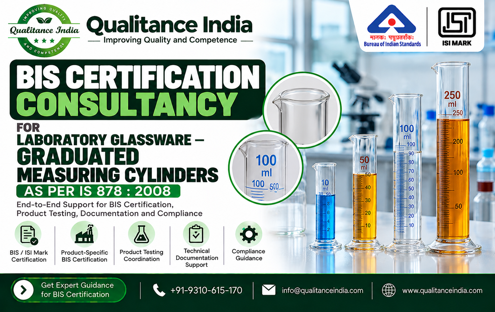 BIS Certification Consultant for Laboratory Glassware – Graduated Measuring Cylinders | IS 878:2008 | Qualitance India