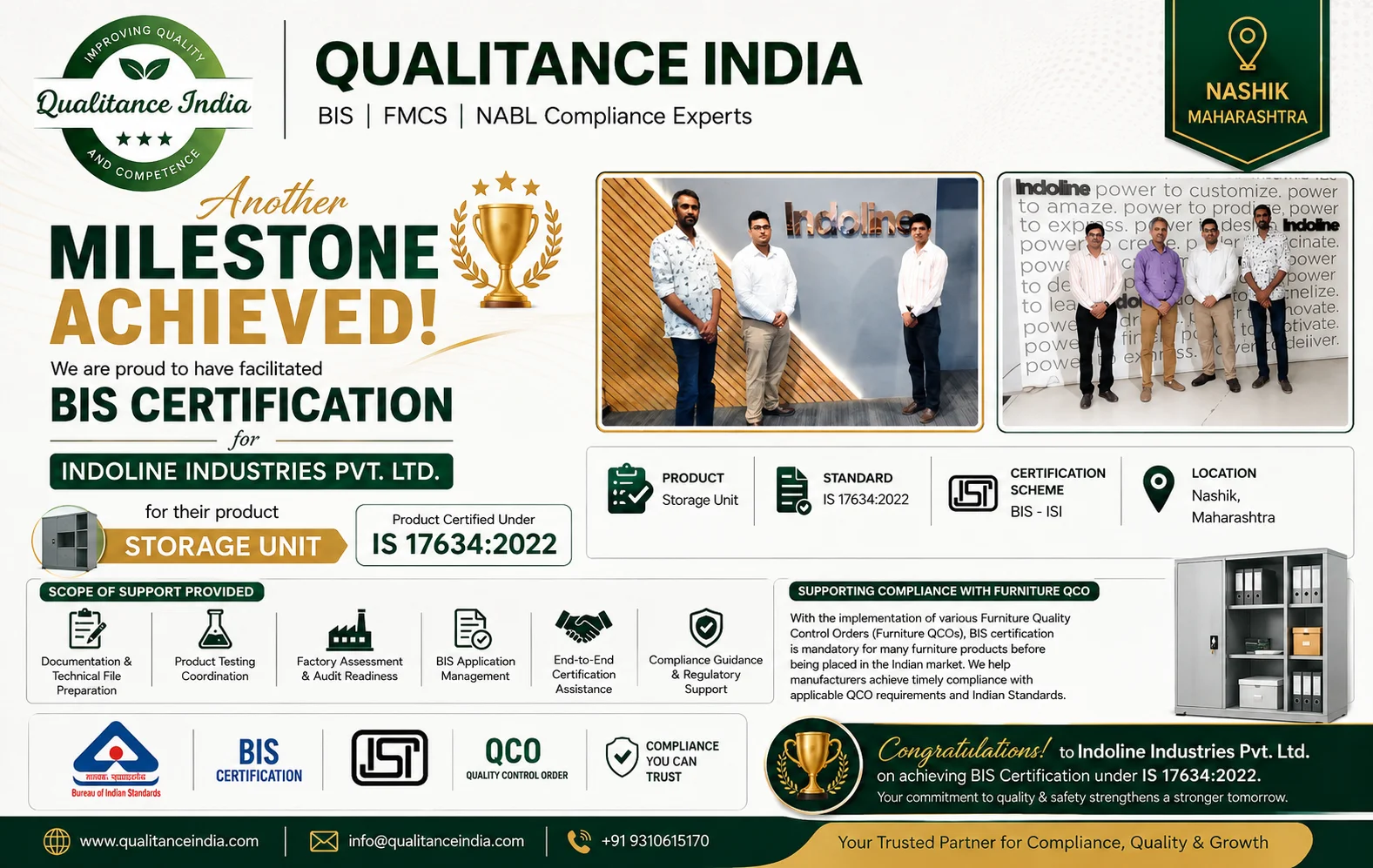 BIS Certification for Storage Units (IS 17634:2022) Successfully Facilitated for Indoline Industries Pvt. Ltd.