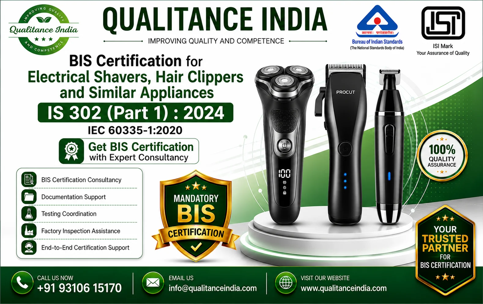 BIS Certification Consultancy for Electrical Shavers, Hair Clippers and Similar Appliances | IS 302 (Part 1):2024 | IEC 60335-1:2020 | Enforcement Date 01 October 2026