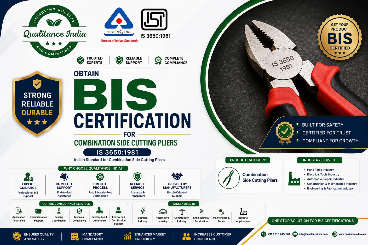 BIS Certification for Combination Side Cutting Pliers IS 3650:1981 | Qualitance India