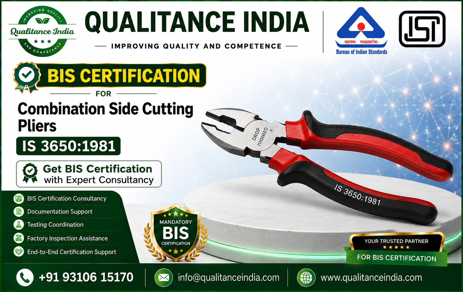 Combination Side Cutting Pliers BIS Certification | IS 3650:1981 | Complete ISI Mark Consultancy Guide | Enforcement Date 01 October 2026