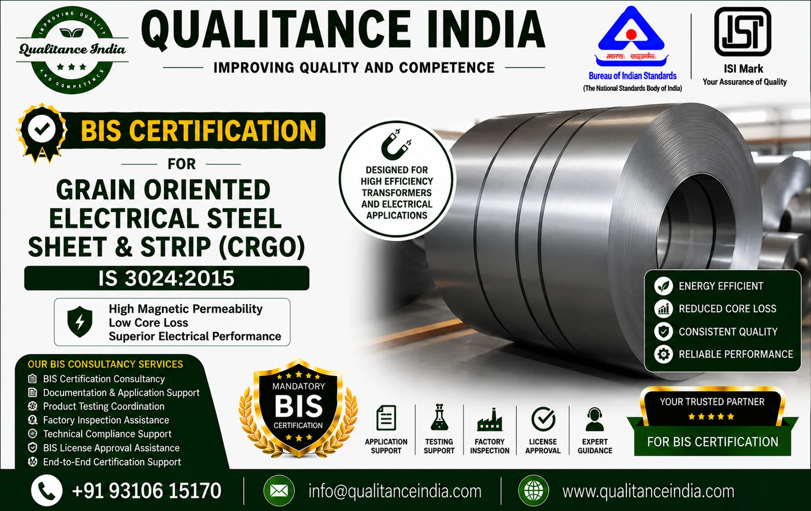 BIS Certification Consultancy for Grain Oriented Electrical Steel Sheet & Strip (CRGO) | IS 3024:2015 | BIS & ISI Mark Certification
