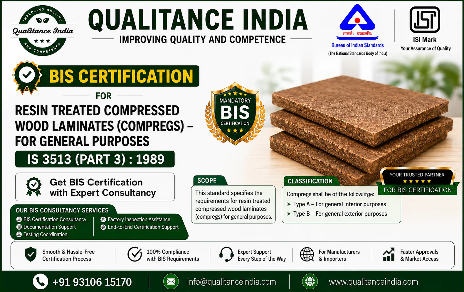 BIS Certification for Resin Treated Compressed Wood Laminates (Compregs) for General Purposes – IS 3513 (Part 3):1989