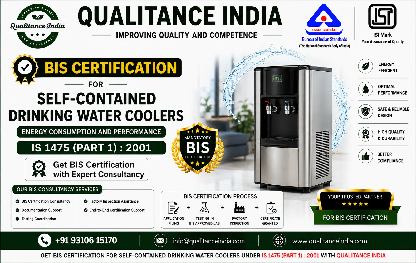 BIS Certification Consultancy for Self-Contained Drinking Water Coolers | IS 1475 (Part 1):2001 | BIS & ISI Mark Certification