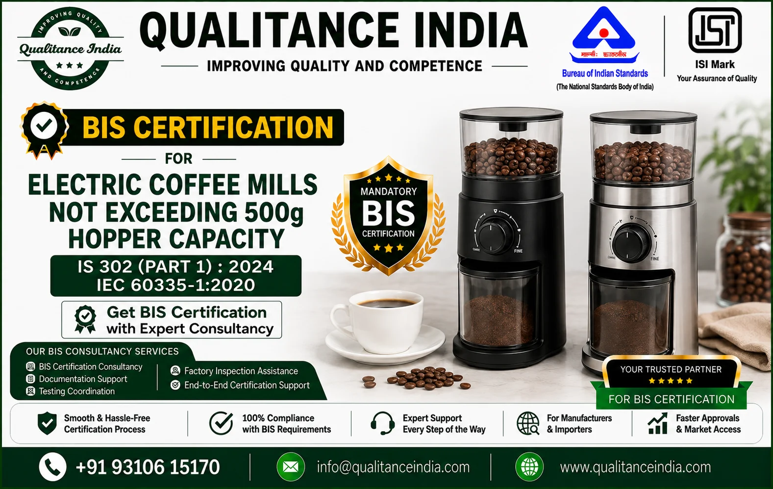 BIS Certification for Electric Coffee Mills (Up to 500g Hopper Capacity) in India: Complete Guide (IS 302 Part 1:2024)