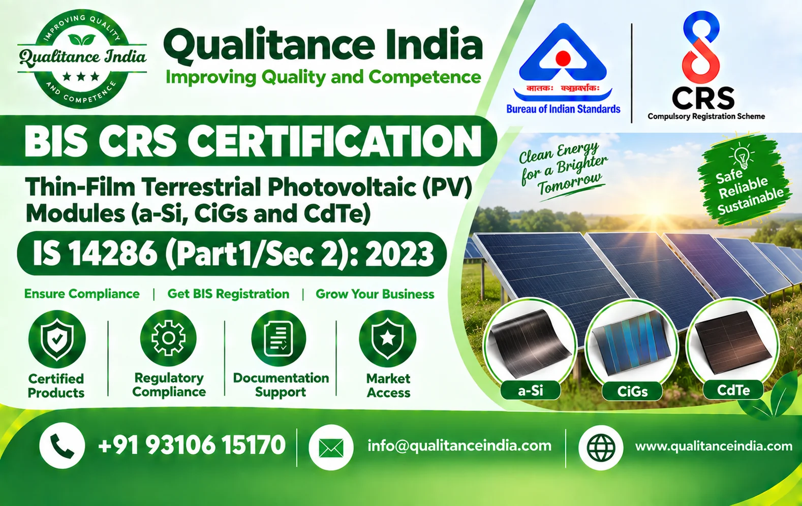 BIS CRS Certification for Thin-Film Terrestrial Photovoltaic (PV) Modules (a-Si, CIGS & CdTe) | IS 14286 Series:2023 | BIS Consultancy