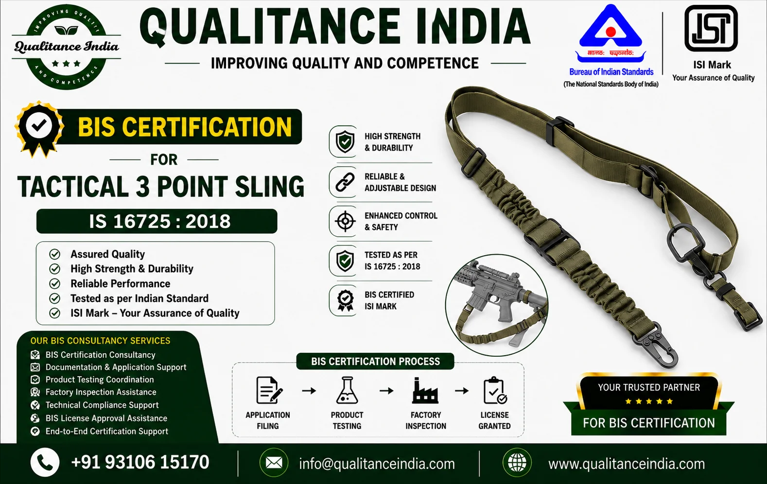 BIS Certification Consultancy for Tactical 3 Point Sling | IS 16725:2018 | BIS & ISI Mark Certification