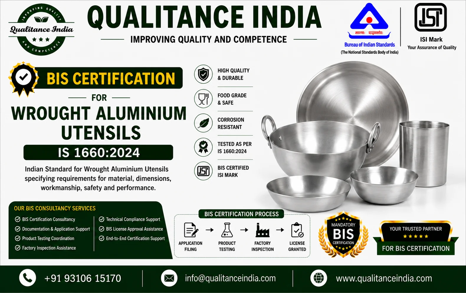 BIS Certification Consultancy for Wrought Aluminium Utensils | IS 1660:2024 | BIS & ISI Mark Certification