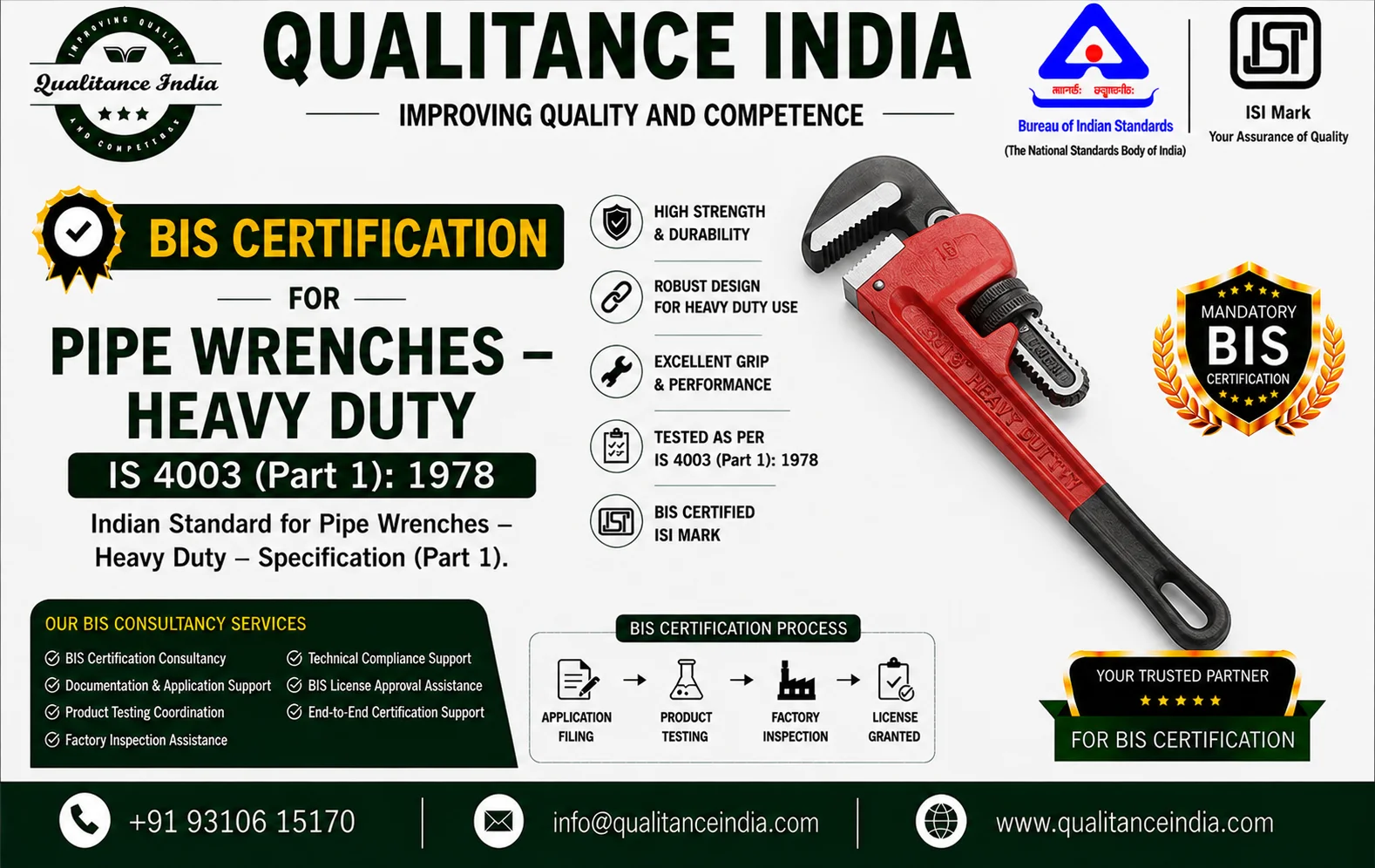 BIS Certification Consultancy for Pipe Wrenches – Heavy Duty | IS 4003 (Part 2):1986