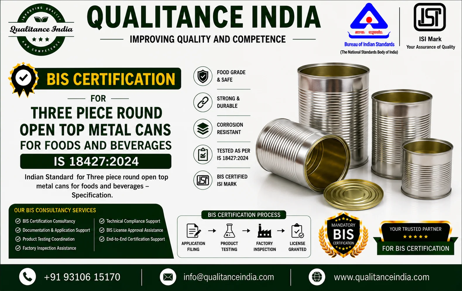 BIS Certification Consultancy for Three Piece Round Open Top Metal Cans for Foods & Beverages | IS 18427:2024 | BIS & ISI Mark Certification