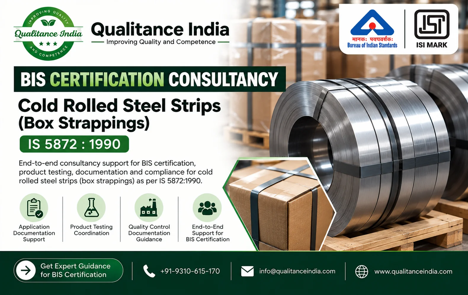 BIS Certification Consultancy for Cold Rolled Steel Strips (Box Strappings) | IS 5872:1990 | Qualitance India