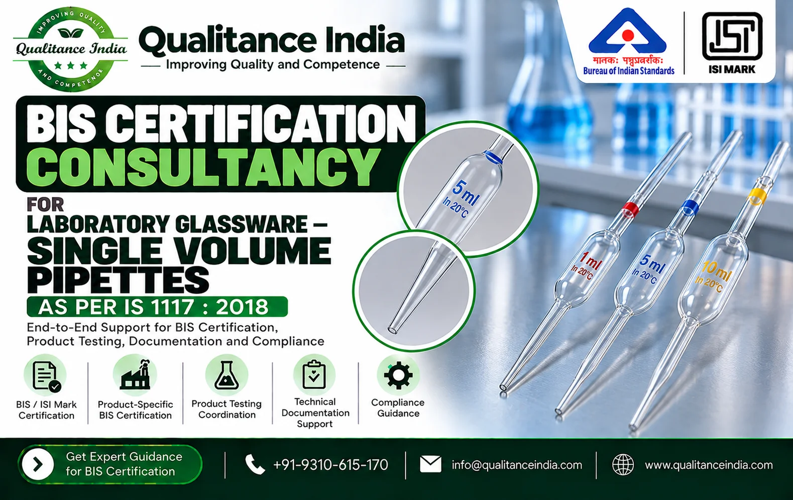 BIS Certification Consultant for Laboratory Glassware – Single Volume Pipettes | IS 1117:2018 | Qualitance India