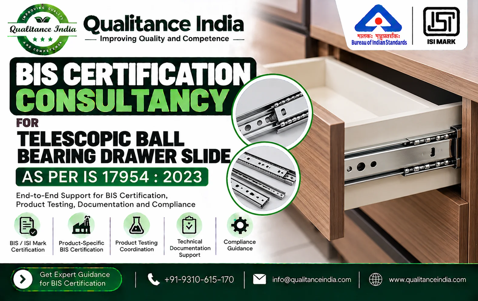 BIS Certification Consultant for Telescopic Ball Bearing Drawer Slides | IS 17954:2023 | Qualitance India