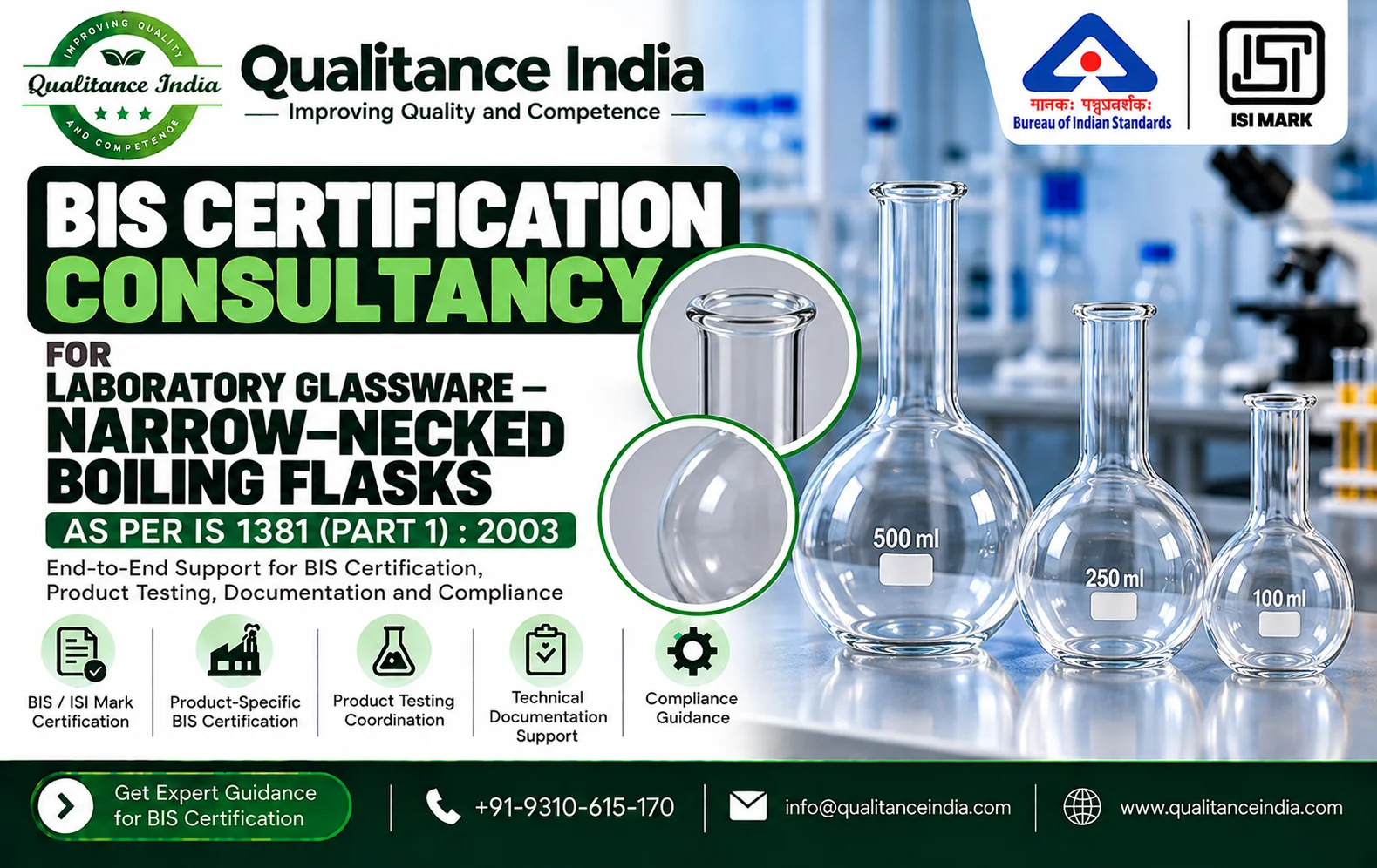 BIS Certification Consultant for Narrow-Necked Boiling Flasks | IS 1381 (Part 1):2003 | Qualitance India